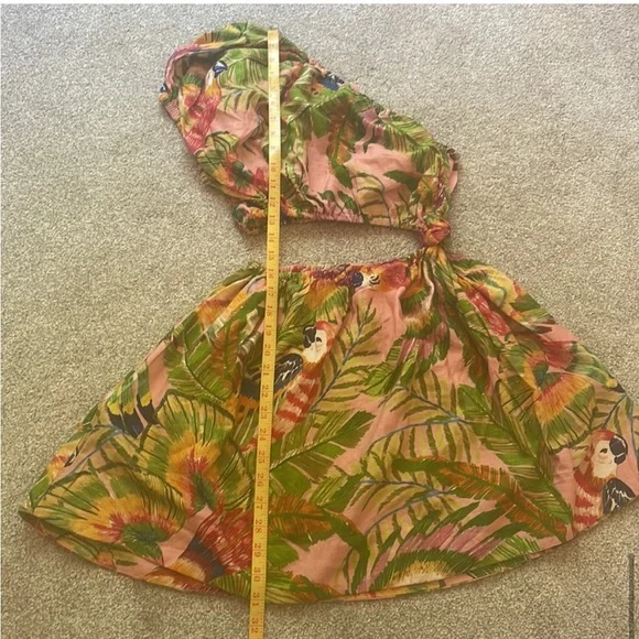 Farm Rio Macaw Leaves Linen-Blend Cutout Mini One-Shoulder Dress, sz XS - Picture 12 of 12